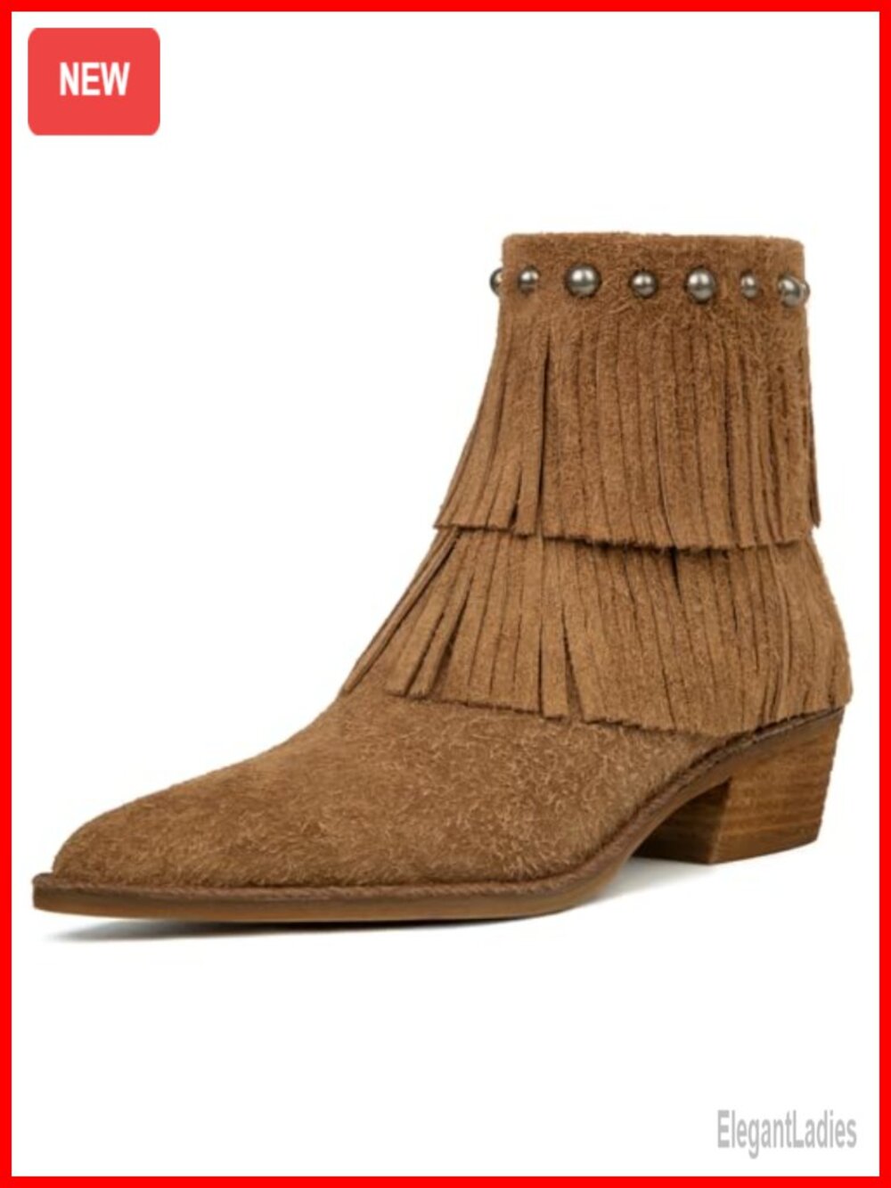 Genuine Suede Ankle Boots Fringe Pointed Toe Studded Western Cowgirl Booties